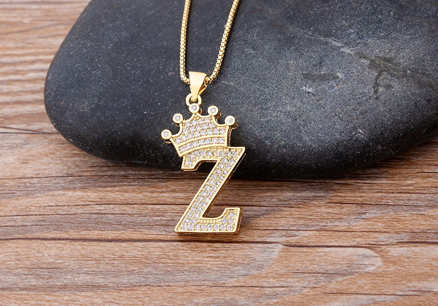 Nidin Luxury A-Z Crown Alphabet Pendant – Copper Zircon Initial Necklace Chain, Hip-Hop Style Jewelry for Men & Women