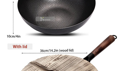 Konco 32cm Pure Cast Iron Wok – Non-Coated Chinese Wok Pan for Gas & Induction Cookers