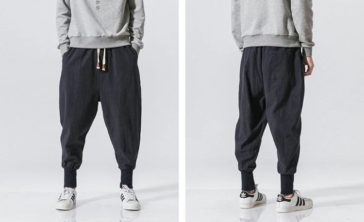 Men’s Cotton Linen Harem Pants – Solid Color Baggy Drop-Crotch Joggers with Elastic Waist Casual Streetwear Trousers