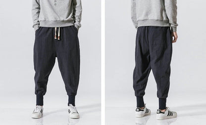 Men’s Cotton Linen Harem Pants – Solid Color Baggy Drop-Crotch Joggers with Elastic Waist Casual Streetwear Trousers