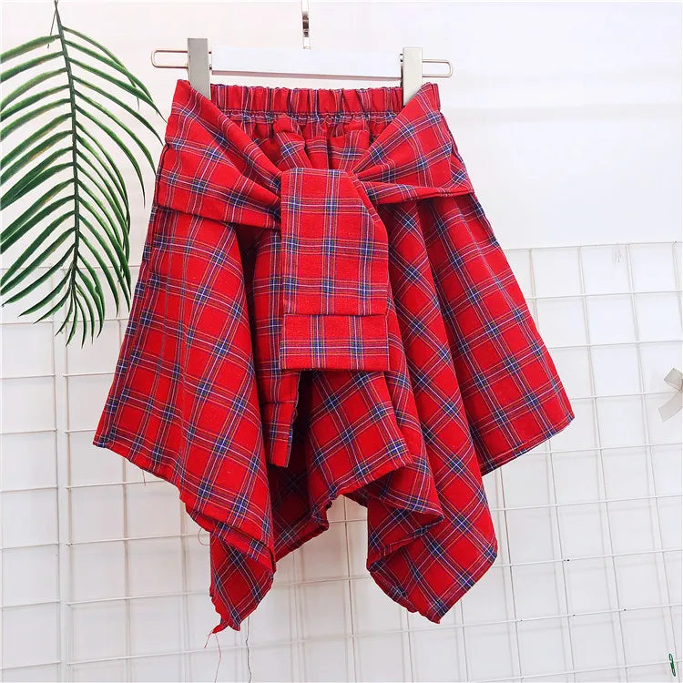 TOTRUST Women’s Fashion Asymmetrical Summer Plaid Mini Skirt – Casual College Style Fake Shirt Design