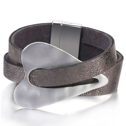 ALLYES Black Leather Bracelet for Men & Women - Fashion 2024 Magnetic Buckle with Heart Charm, Wide Wrap Jewelry