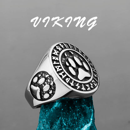 Nordic Viking Stainless Steel Ring - Compass Tree of Life Rune Wolf Amulet Jewelry for Men & Women