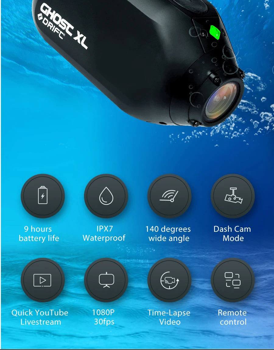 Drift Ghost XL Sport Action Camera - Waterproof 1080P Live Stream Vlog, Motorcycle, Bike & Helmet Cam with WiFi