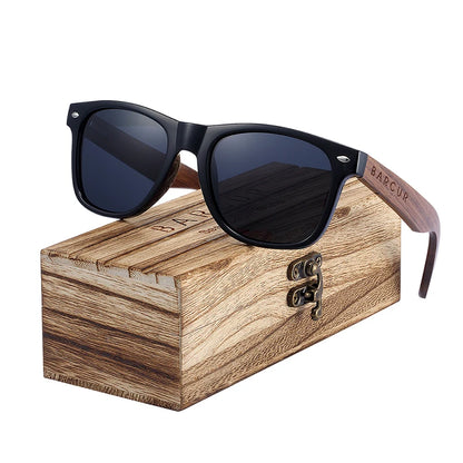 BARCUR Black Walnut Wood Polarized Sunglasses for Men – High-Quality Square UV400 Eyewear with Original Box