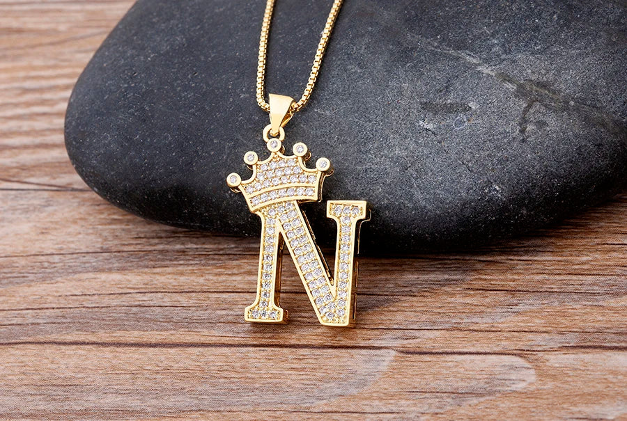 Nidin Luxury A-Z Crown Alphabet Pendant – Copper Zircon Initial Necklace Chain, Hip-Hop Style Jewelry for Men & Women