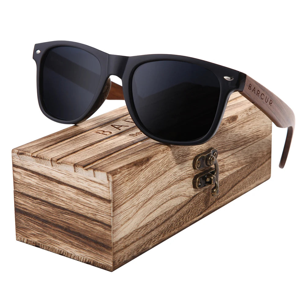 BARCUR Black Walnut Wood Polarized Sunglasses for Men – High-Quality Square UV400 Eyewear with Original Box