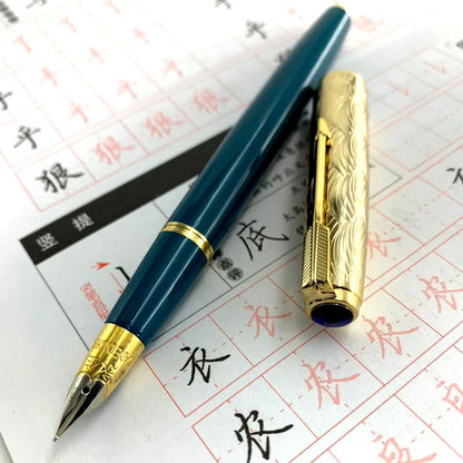 Yong Sheng 601A Wave Fountain Pen – Golden Cap, Fine Nib, Dark Blue Vacumatic, Luxury Gift for Office