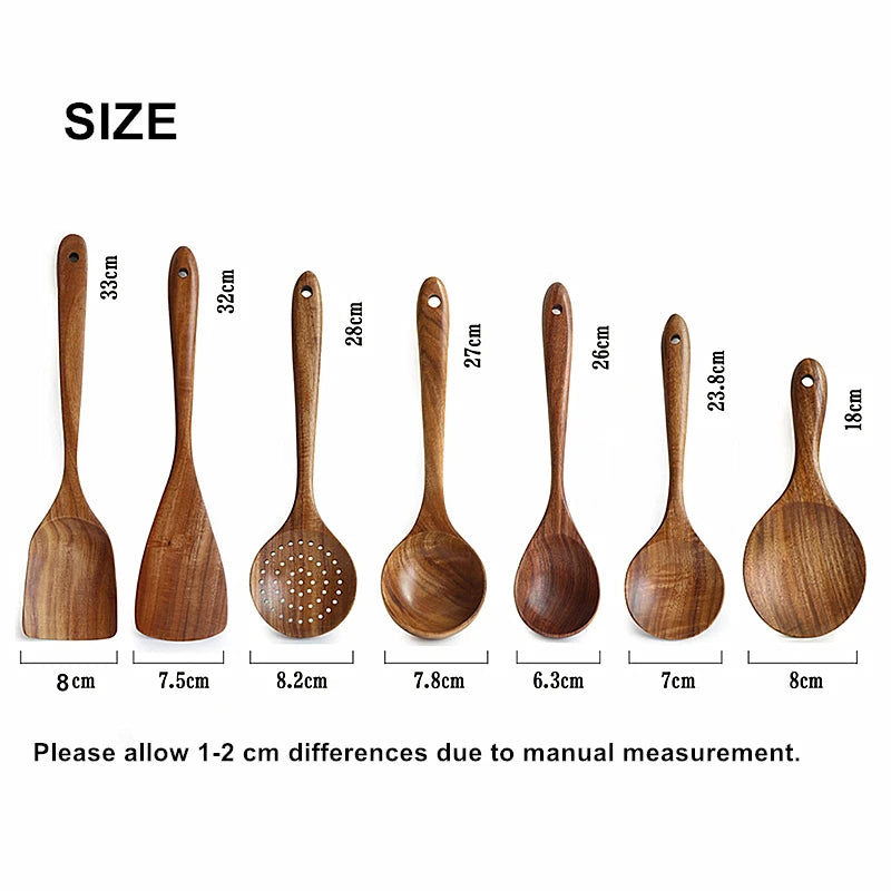 1-9pcs Teak Wood Tableware Set – Natural Wooden Cooking Spoons, Colander Spoon & Soup Skimmer Kitchen Tool Kit