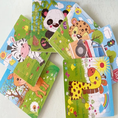 Hot Sale 9/12-Piece Wooden Puzzle Set — Cartoon Vehicles & Animals Educational Learning Toys for Kids, Perfect Gift
