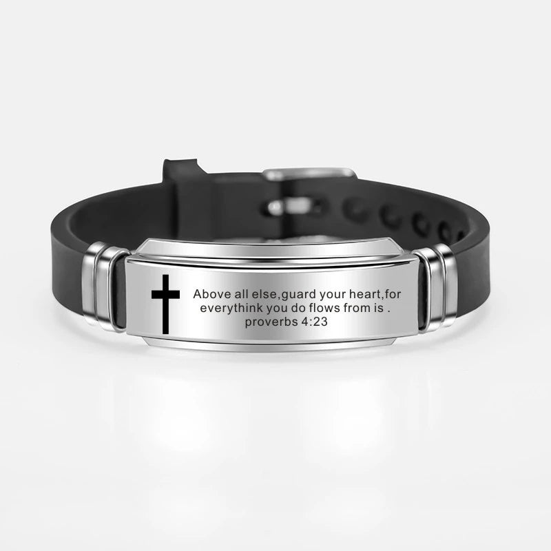 Cross Jesus Scripture Quote Bracelet – Christian Bible Verse Stainless Steel & Silicone Wristband