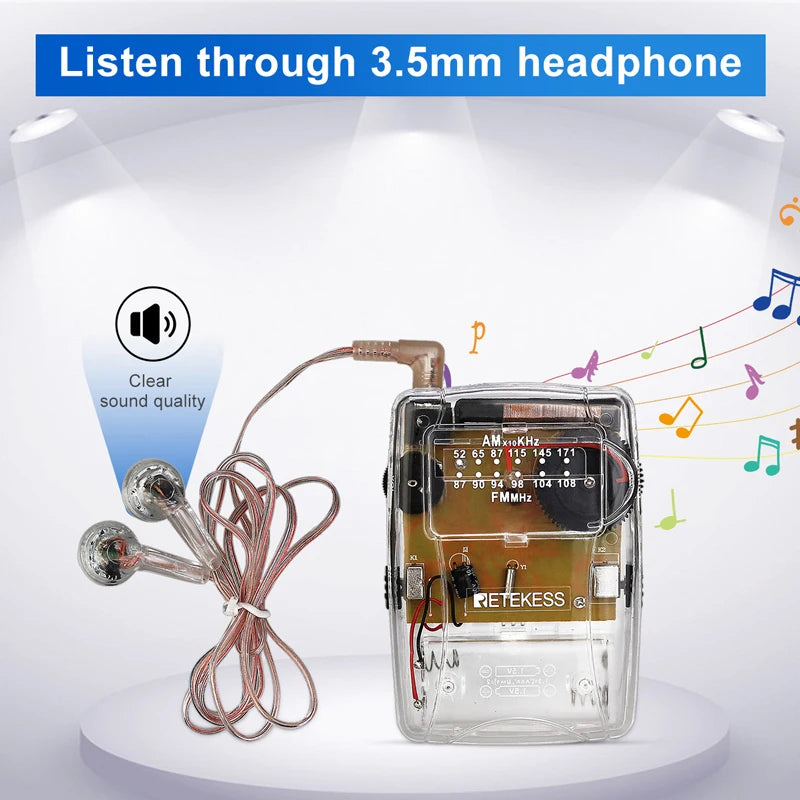 RETEKESS TR624 Transparent Portable AM/FM Radio - Pointer Tuning with Headphone Support for Church, Conference & Museum Guide Use