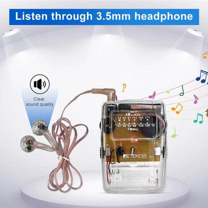 RETEKESS TR624 Transparent Portable AM/FM Radio - Pointer Tuning with Headphone Support for Church, Conference & Museum Guide Use
