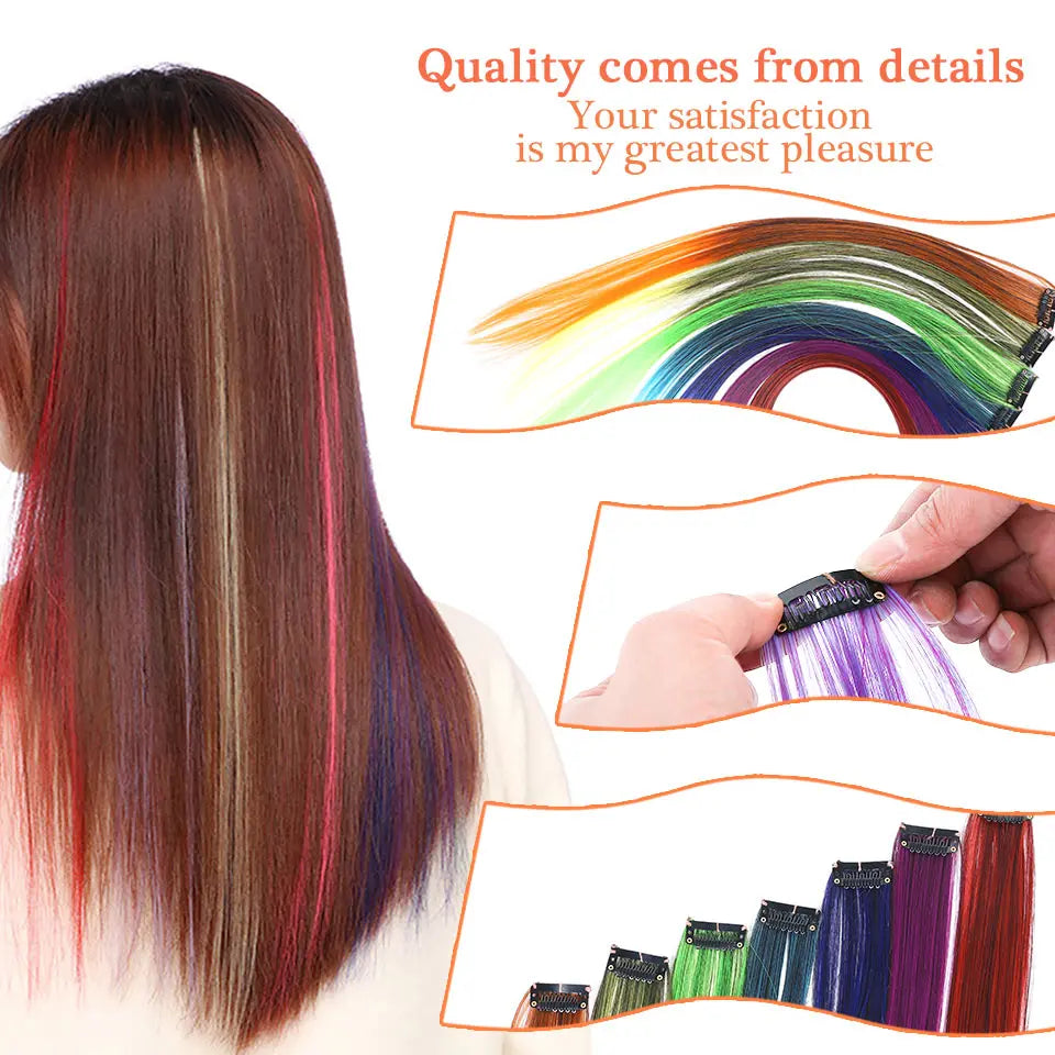 BUQI Straight Clip-In Colored Hair Extensions – Rainbow Synthetic Hair Streaks in Pink, Orange, White & Purple