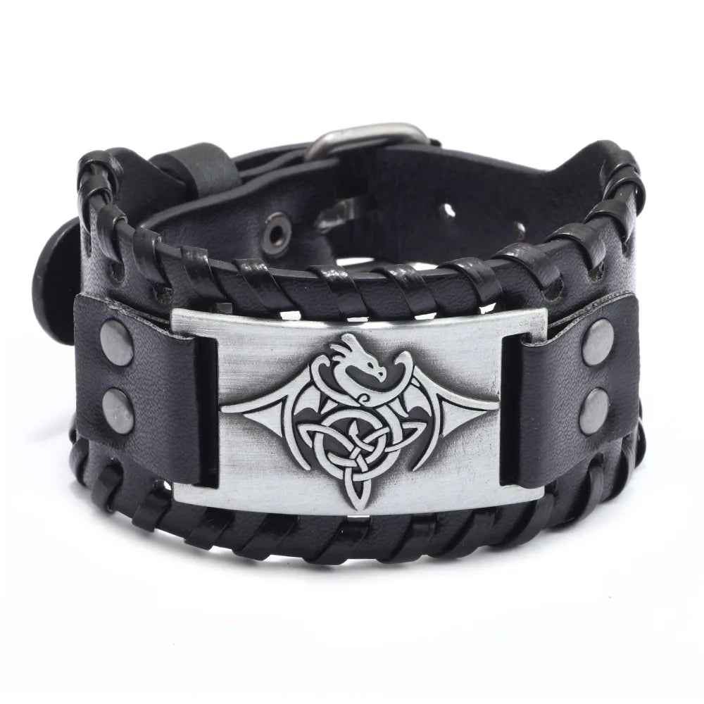 Totem Design Wide Leather Pirate Compass Bracelet - Men's Celtic Viking Jewelry, Party Gift Accessories
