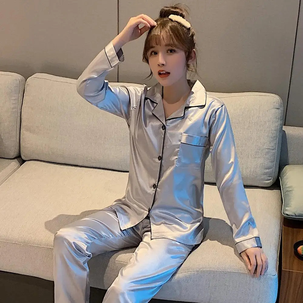 Solid Color Silk Satin Pajama Set – Long Button-Down Sleepwear for Couples, Women & Men Loungewear Plus Size