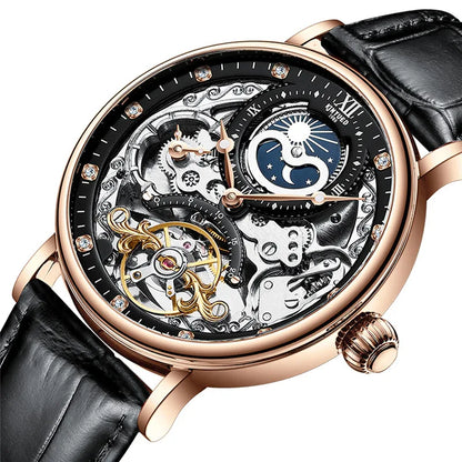 KINYUED Men’s Luxury Rose Gold Skeleton Tourbillon Automatic Watch – Waterproof Mechanical Wristwatch