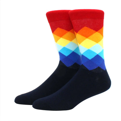 Men’s Funny Argyle Diamond Pattern Cotton Socks – Large Size 3D Geometric Crew Tube Socks, Combed Cotton Casual Novelty Socks