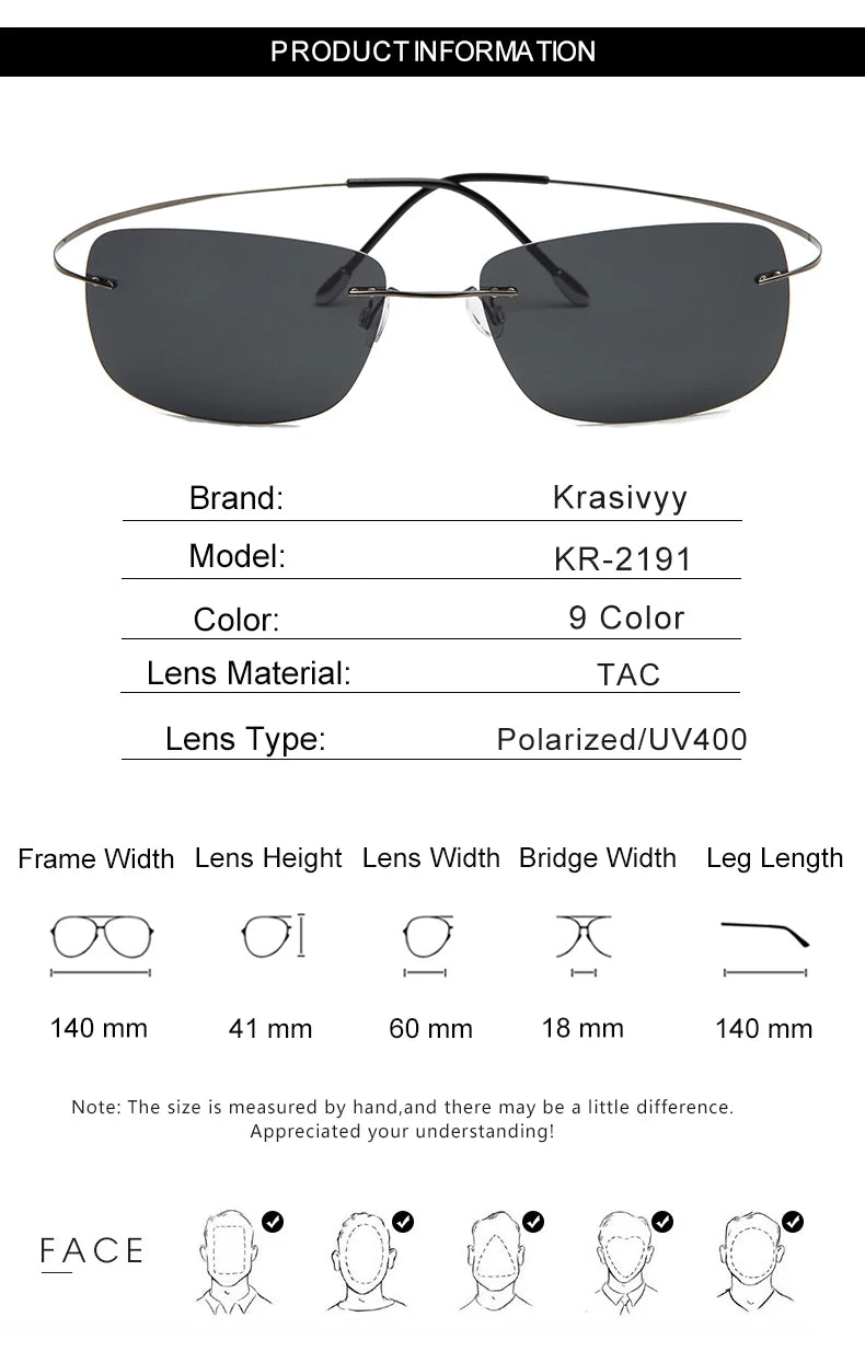 Krasivyy Rimless Square Polarized Sunglasses – Ultralight Pure Titanium, Brand Design for Men, Driving Sun Glasses, Oculos De Sol