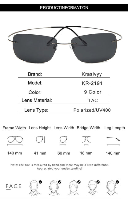 Krasivyy Rimless Square Polarized Sunglasses – Ultralight Pure Titanium, Brand Design for Men, Driving Sun Glasses, Oculos De Sol