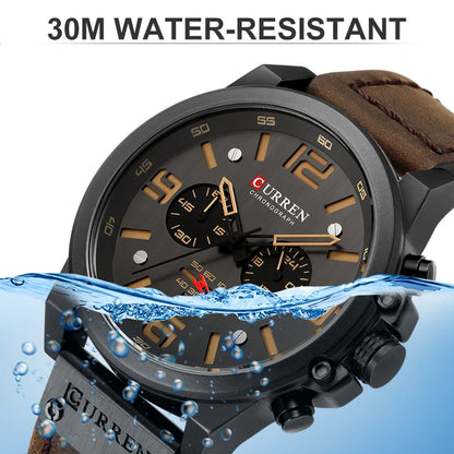 CURREN Men's Luxury Waterproof Sport Watch – Chronograph Quartz Military Wristwatch with Genuine Leather Strap