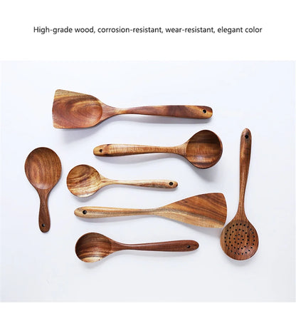 1-7pcs Teak Wood Tableware Set – Natural Wooden Spoons, Colander Spoon & Soup Skimmer Cooking Tool Kit