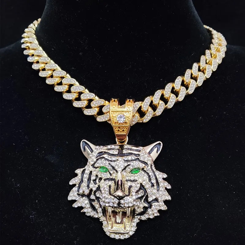 3D Tiger Pendant Necklace - Iced Out Crystal Cuban Chain Hip Hop Jewelry for Men & Women
