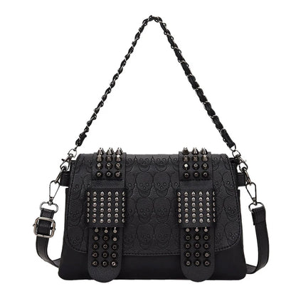 Vintage Skull Rivet PU Leather Shoulder Bag — Women’s Black Crossbody Flap Messenger Handbag