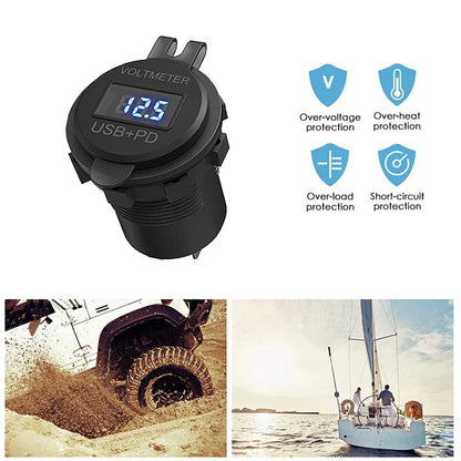 Car USB Charger with QC3.0 PD Type C and Switch Socket - for 12V/24V Vehicles, Boat, Motorcycle, SUV, Bus, Truck, Caravan, Marine