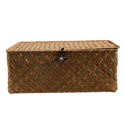Handmade Seagrass Woven Storage Box with Lid - Seaweed Finishing Basket for Sundries, Bath Cosmetics, and Towels, Model MX01161829