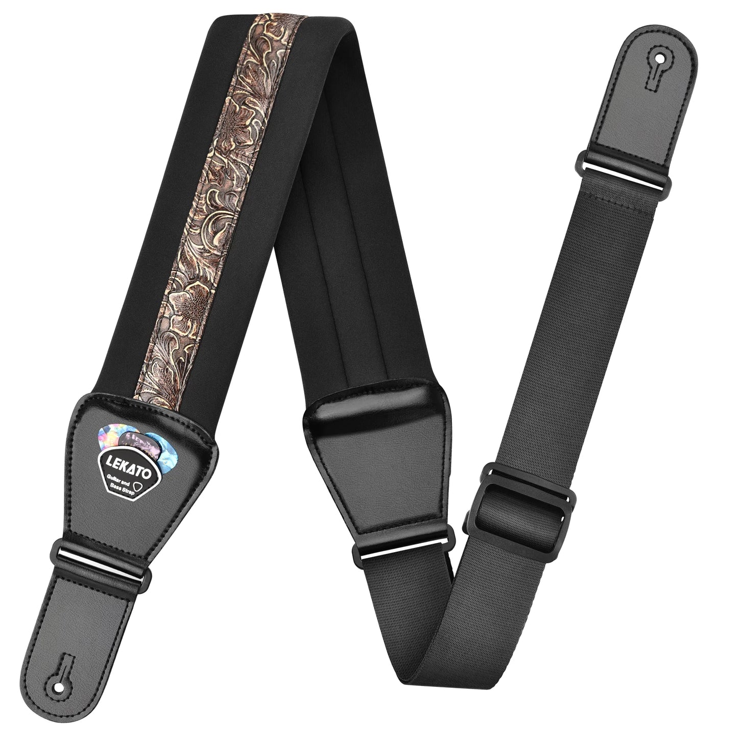 LEKATO LGS-2 Bass Guitar Strap – Adjustable Cowhide Strap with 6 Picks, Acoustic & Electric Bass Guitar Belt, Accessories