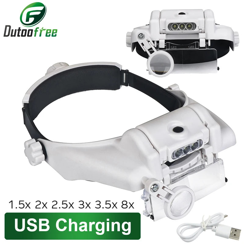 USB Rechargeable Magnifying Glasses Loupe with LED – Watchmaker Repair Tool Headband Magnifier (1.5x-3.5x)