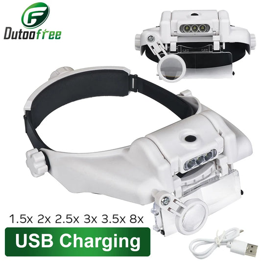 USB Rechargeable Magnifying Glasses Loupe with LED – Watchmaker Repair Tool Headband Magnifier (1.5x-3.5x)
