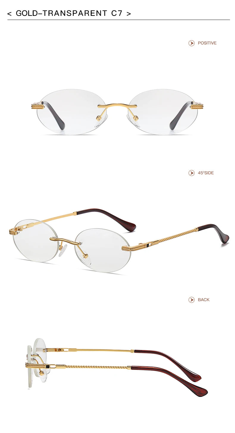 Retro Oval Rimless Sunglasses – Blue Mirror Gold Metal UV400 for Men & Women