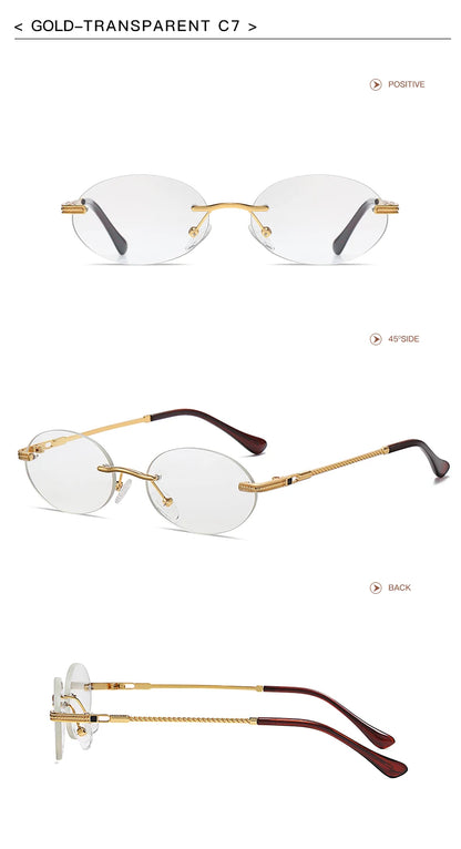 Retro Oval Rimless Sunglasses – Blue Mirror Gold Metal UV400 for Men & Women