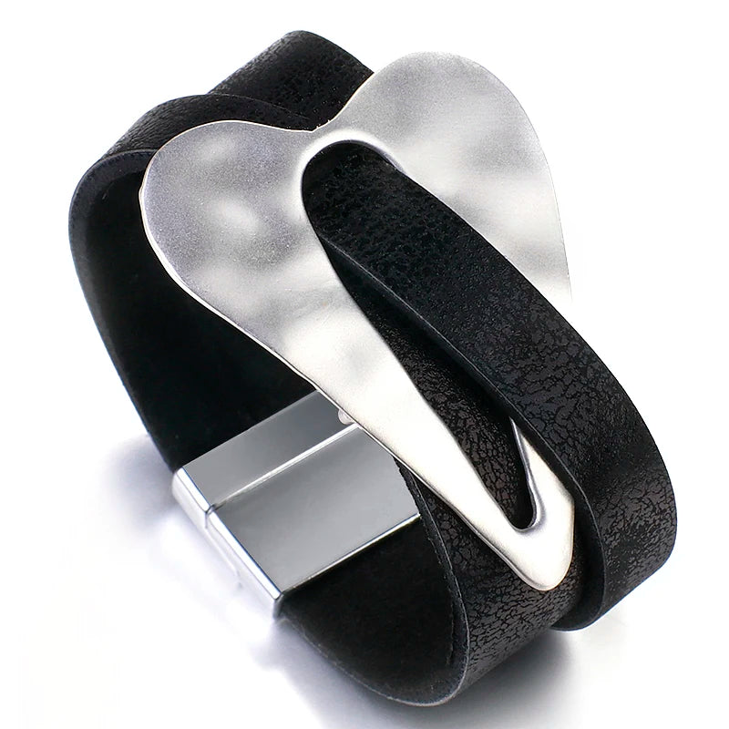 ALLYES Black Leather Bracelet for Men & Women - Fashion 2024 Magnetic Buckle with Heart Charm, Wide Wrap Jewelry