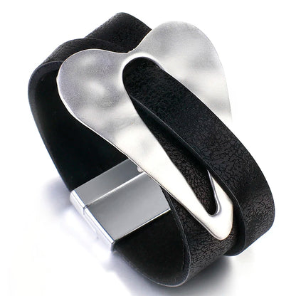 ALLYES Black Leather Bracelet for Men & Women - Fashion 2024 Magnetic Buckle with Heart Charm, Wide Wrap Jewelry