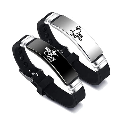 2 Pcs/Set His Queen Her King Couple Bracelets - Stainless Steel Adjustable Silicone Strap Bangles for Valentine's Day Gift