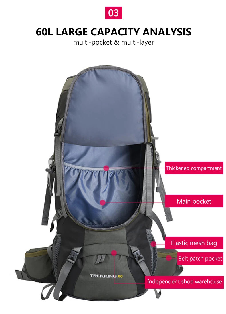 Men’s 60L Large Hiking Backpack — Mountaineering, Camping, Climbing & Outdoor Sport Rucksack XA108Y