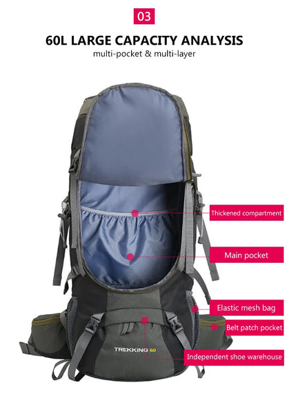 Men’s 60L Large Hiking Backpack — Mountaineering, Camping, Climbing & Outdoor Sport Rucksack XA108Y