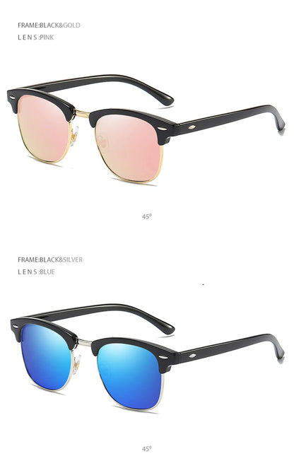 Classic Half Frame Polarized Sunglasses – Retro Rivet Design for Men & Women, Anti-Glare Black Travelling Shades