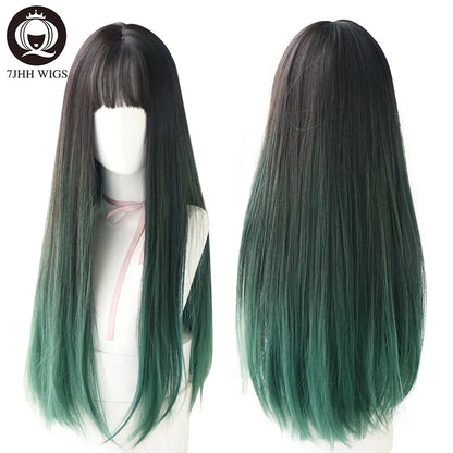 7JHHWIGS Long Straight Light Brown Synthetic Wig with Bangs – Heat-Resistant Daily Wear Wig for Women