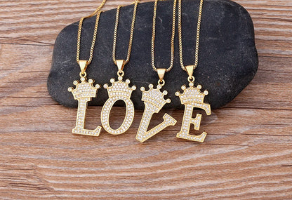 Nidin Luxury A-Z Crown Alphabet Pendant – Copper Zircon Initial Necklace Chain, Hip-Hop Style Jewelry for Men & Women
