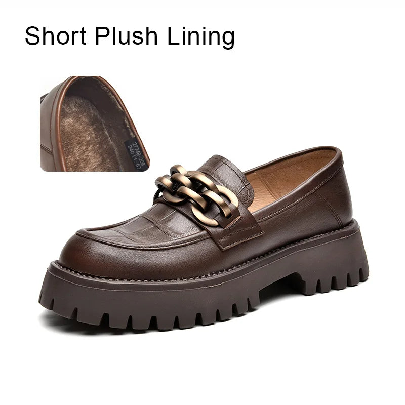 BeauToday Women’s Chunky Loafers – Genuine Leather Platform Slip-On Flats with Round Toe and Metal Chain, Handmade 27748