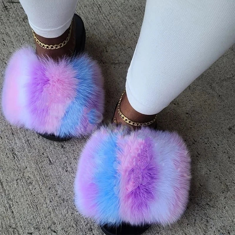 Girls’ Luxury Fluffy Fur Slippers – Warm Plush Indoor Flip Flop Slides for Women, New Arrival
