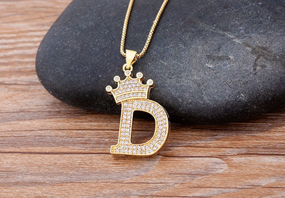 Nidin Luxury A-Z Crown Alphabet Pendant – Copper Zircon Initial Necklace Chain, Hip-Hop Style Jewelry for Men & Women