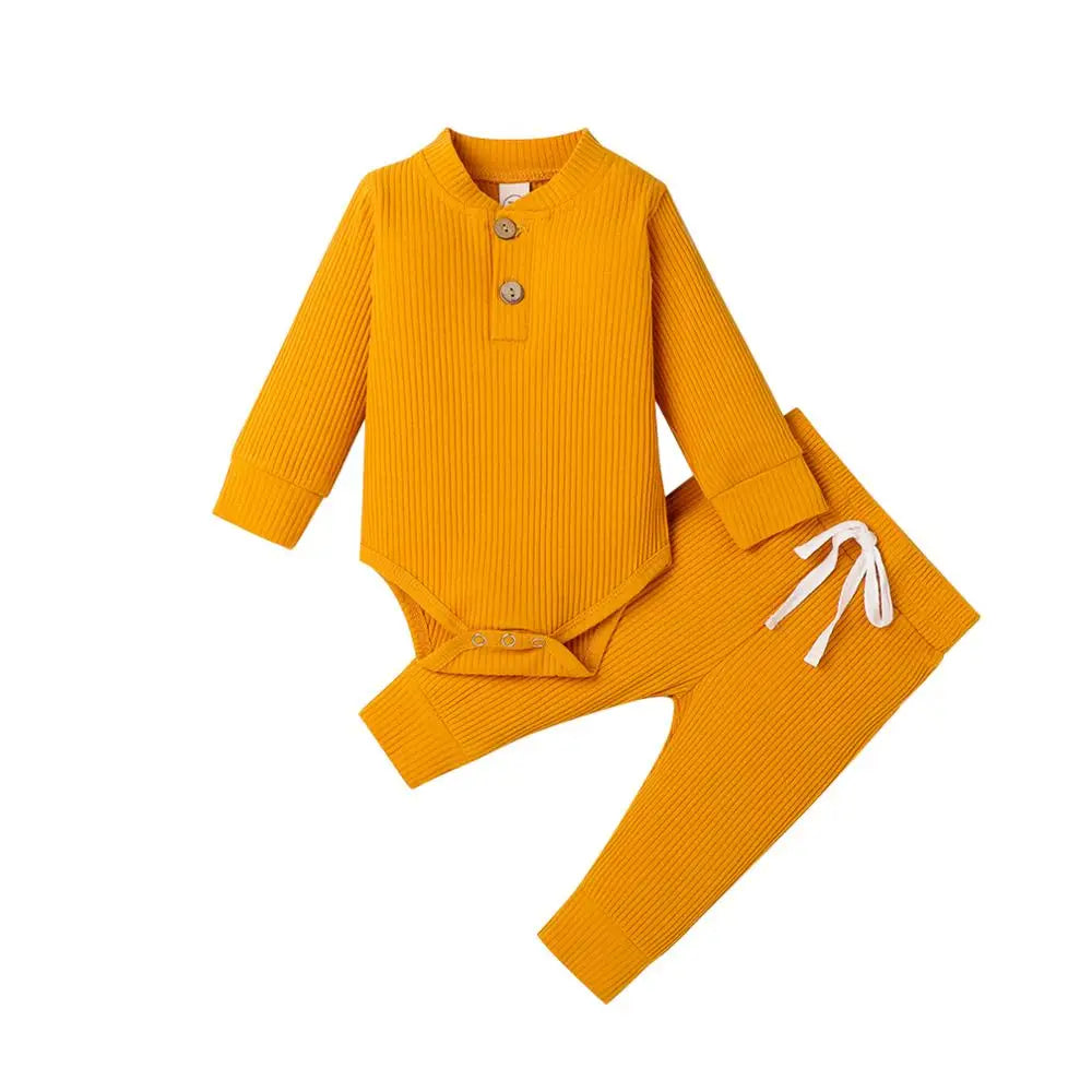 Unisex Baby 2-Piece Outfit Set - Long-Sleeve Ribbed or Plaid Bodysuit with Elastic Pants for Spring & Autumn