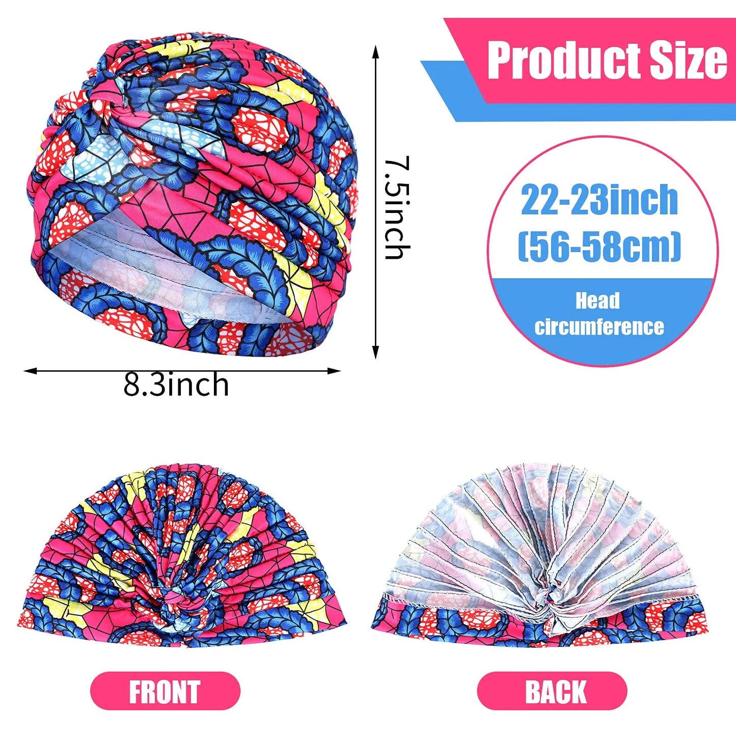 African Print Turban Head Wrap - Soft Stretch Twisted Pleated Beanie Bonnet for Women, Headtie & Chemo Cap