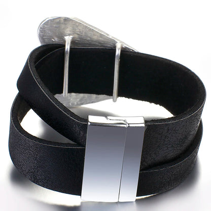 ALLYES Black Leather Bracelet for Men & Women - Fashion 2024 Magnetic Buckle with Heart Charm, Wide Wrap Jewelry
