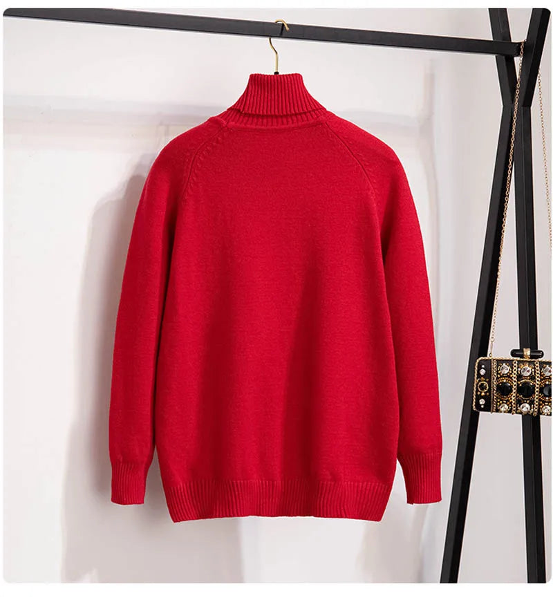 Plus Size 170Kg Women's Turtleneck Knitted Sweater – Loose Fit Pullover, Bust 160cm, Black/Red, 5XL-10XL